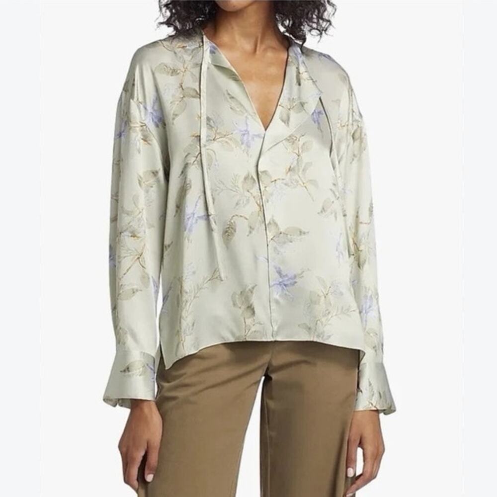 Elie Tahari Green Floral Satin Blouse Size Large